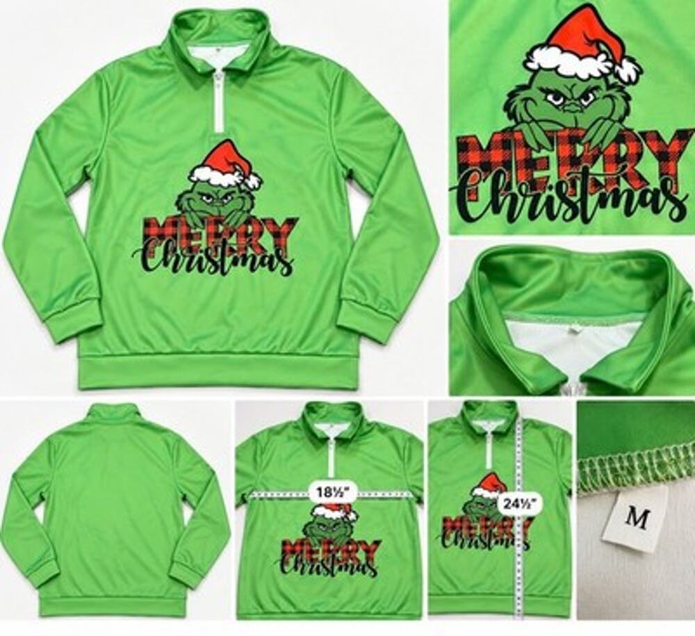 Grinch Christmas Quarter Zip Pullover Lime Green Merry Christmas Women’s M